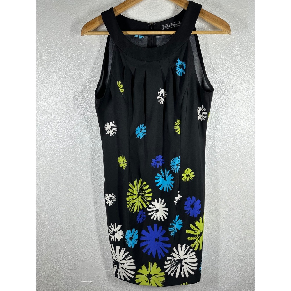 Jessica Howard Dress Womens 10 Black Floral Sheath Sleeveless Pleated Neck‎ 6805